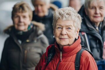 Wall Mural - Portrait of smiling senior woman with family in background. Focus on face