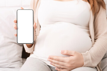 Modern technologies and pregnancy. Pregnant woman showing cellphone with empty display at home, mobile application for expectant ladies, mockup