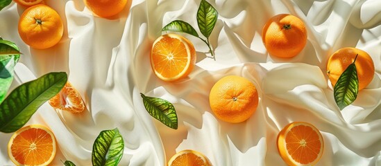 Wall Mural - Innovative arrangement featuring oranges on watercolor backdrop. Flat lay capturing a food concept.