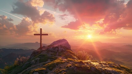 A cross on top of the mountain at sunset, a beautiful landscape