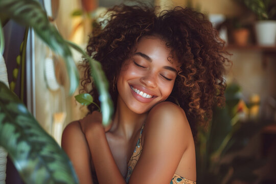 Portrait of a calm, happy and smiling black woman with closed eyes enjoying a beautiful moment of home life. Brazilian Woman.