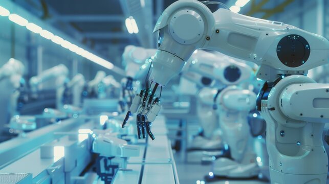 A group of robotic arms working in an automotive factory.