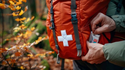 Close up of a hiker's hand taking a first aid kit from a backpack in a forest.