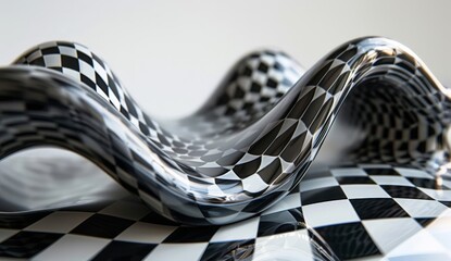 A close-up of a black and white checkered table with an abstract object on it