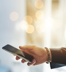 Aufkleber - Hands, man and phone typing in office for communication, networking and information of profit report. Male person, bokeh and mobile scroll, email research and invest for digital finance notification