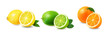 © lightgirl - Fresh citrus fruits. Lime. lemon, orange realistic whole and halves icons. 3d isolated vector illustration