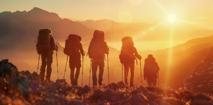 A group of friends hiking in the mountains at sunrise, wearing backpacks and carrying walking sticks, with beautiful mountain views behind them.