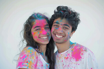 Wall Mural - young indian couple playing holi festival on white background