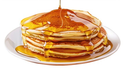 Stack of golden pancakes drizzled with syrup on a white plate; a classic breakfast dish perfect for a sweet morning treat.