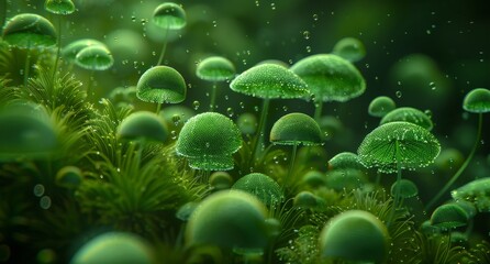 Mushrooms in a dark green forest