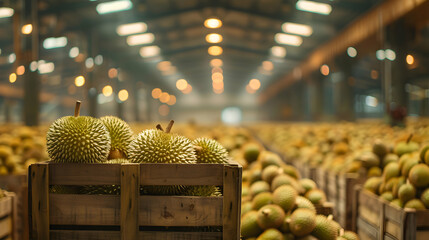 Durian fruit harvested in wooden boxes in a warehouse. Natural organic fruit abundance. Healthy and natural food storing and shipping concept.