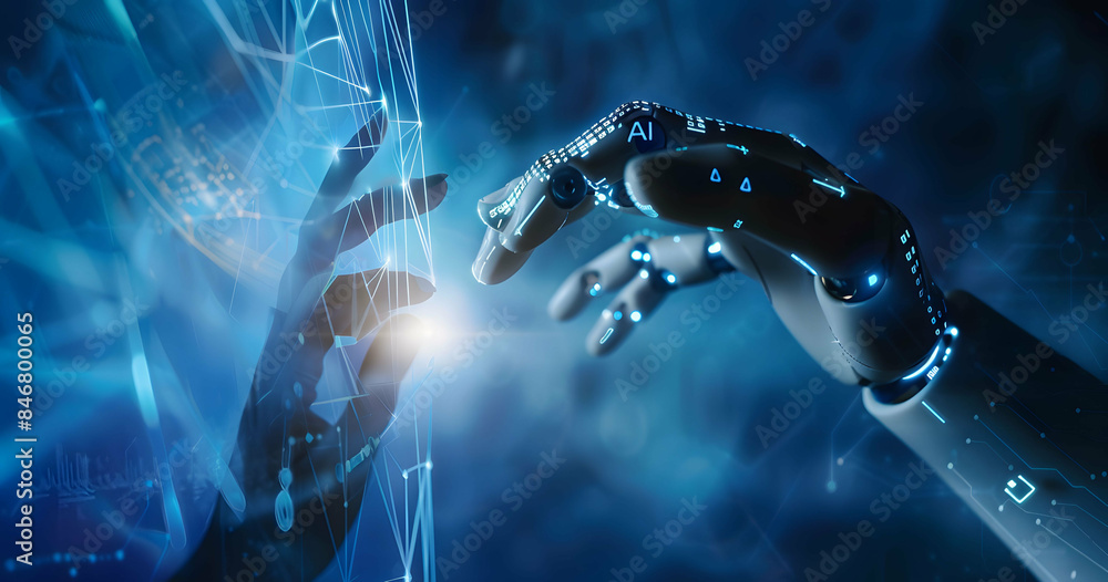 AI, Machine learning, Hands of robot and human touching on big data ...