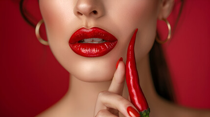 Red woman lips holding hot chili peppe copy space ai generative