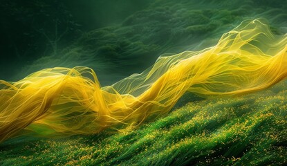 A close up of a yellow fish net floating on water.