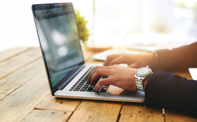 Aufkleber - Hands, laptop and typing in office at desk for crypto, trading on stock market with financial. Computer, person and working at table for blockchain technology, internet communication for business