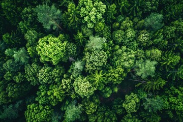 Aerial view of a dense, vibrant green forest, showcasing nature's textures