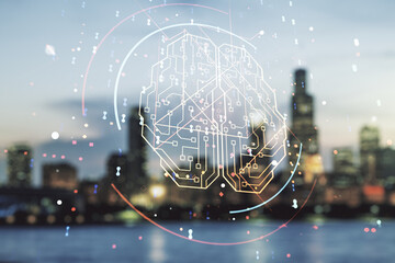 Wall Mural - double exposure of creative artificial intelligence interface on blurry cityscape background. neural