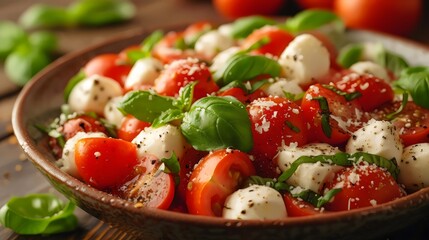 Poster - A bowl of food with tomatoes, cheese, and basil
