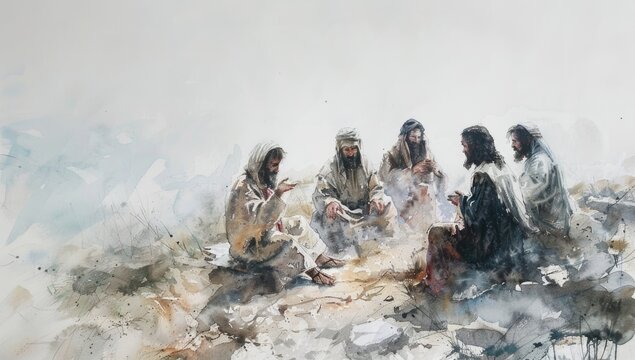 A watercolor painting depicting Jesus teaching his disciples