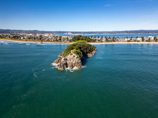 Wall Mural - aerial view of moturiki island jutting out of mount maunganui beachfront on idylc new zealand summer