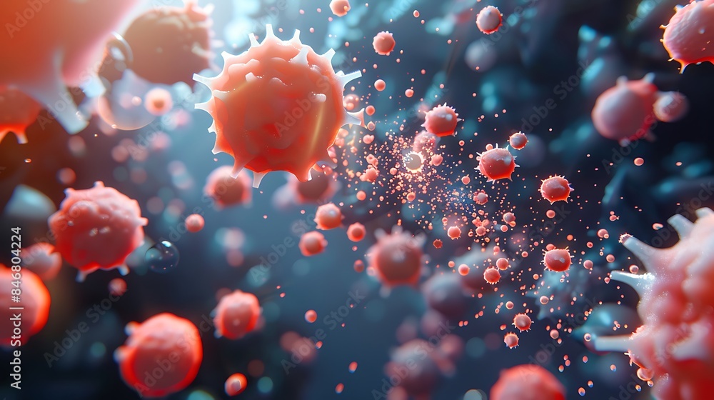 Microscopic view of floating red viruses and bacteria in a blue and ...