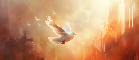 Wall Mural - A white dove flies in the air with its wings spread