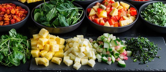Eating clean and healthy: Salad ingredients like pineapple, veggies, dried fruits, and greens displayed on a black table with a slate board.