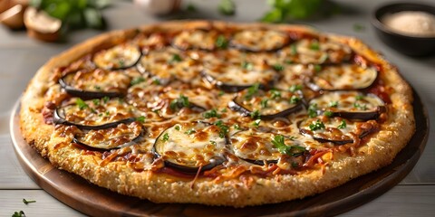 Wall Mural - Eggplant Parmesan Pizza with breaded eggplant marinara sauce and melted mozzarella. Concept Vegetarian dish, Italian cuisine, Comfort food, Easy recipe, Homemade pizza