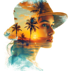 Wall Mural - A striking digital art collage featuring a woman's face seamlessly blended with elements of a tropical paradise. 