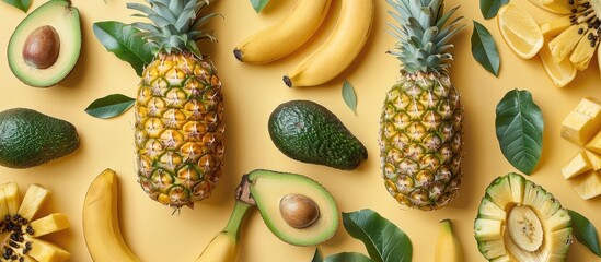 Wall Mural - Tropical flat lay featuring an artistic arrangement of golden pineapple, avocado, and banana. Emphasizing a unique food concept.
