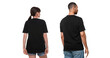 © New Africa - Woman and man wearing black t-shirts on white background, back view. Collage of photos