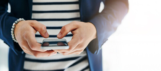 Aufkleber - Hands, phone and working or typing for crypto, trading on stock market with financial assets. Mobile, person and casual with blockchain technology for future goal, online communication with economy
