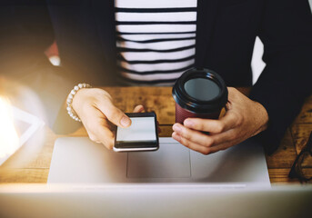 Aufkleber - Laptop, hands and man with cellphone and coffee in office for online email communication for business review. Technology, latte and male hr with computer and phone for read company policy on internet