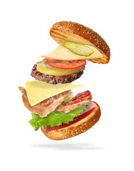 Wall Mural - Delicious burger ingredients in air on white background