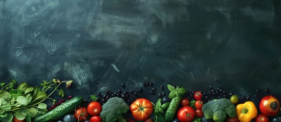 Wall Mural - Fresh organic vegetables and black beans displayed on a dark chalkboard.