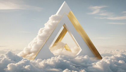 Wall Mural - three-dimensional golden triangle surrounded by white cumulus clouds in a dreamy and surreal fantasy