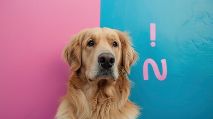 A cute golden retriever dog is making choices between yes and no, funny animal being thoughtful, blue and pink colorful scene. Generative AI