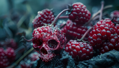 Canvas Print - A skull is placed on top of a bunch of red berries