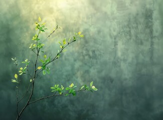 a green tree branch against a blurry gray wall.