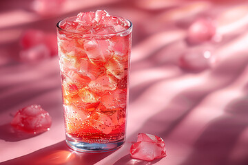 Wall Mural - Summer refreshing pink drink with ice. Light pink cocktail of roses on a pink background with bright shadows