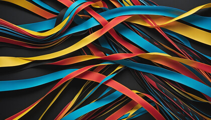 Wall Mural - neon holographic ribbon with wavy lines and vibrant colors on a black futuristic background