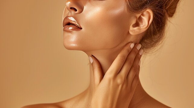 A closeup of a womans neck shows smooth skin, gently touched by her fingers, highlighting beauty and elegance