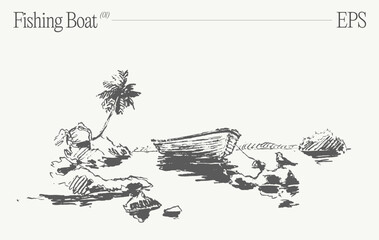 A fishing boat on a beach with palm trees. Hand drawn vector illustration, sketch.