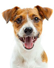 Witness the heartwarming grin of a delighted canine, exuding an adorable charm that melts hearts,  on a white background.