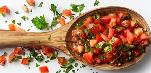 Wall Mural - Sliced tomatoes and diced onions with a wooden spoon for scooping.