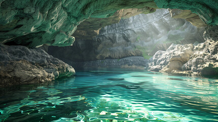 Wall Mural - Emerald green pool under a rock cave