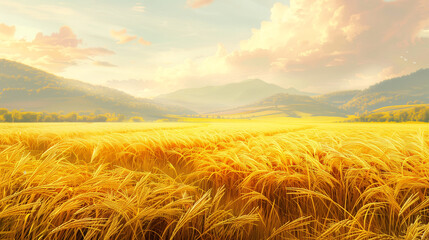 Wall Mural - Golden yellow barley rice field