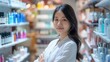 © Prostock-studio - Asian woman in white shirt smiles at camera in beauty store. Arms crossed, relaxed. Shelves filled with beauty products behind her.