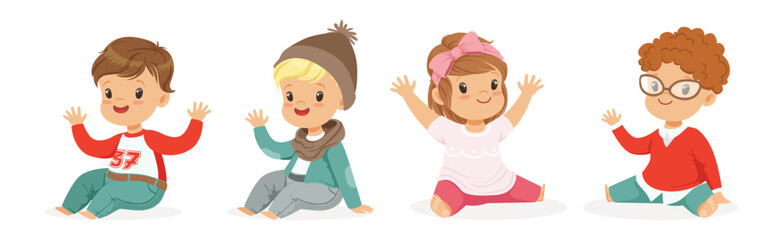 Wall Mural - Little Kids Wearing Different Fashion Clothes Fitting New Stylish Look Vector Set