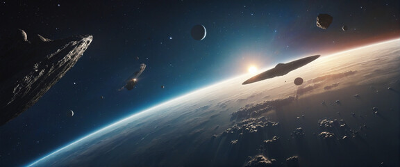 Wall Mural - The destruction caused by glowing metallic asteroids falling from the sky, illustrating the apocalyptic impact on Earth's atmosphere